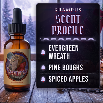 Krampus Beard Oil scent profile card: Evergreen Wreath, Pine Boughs and Spiced Apples notes, Fable Beard Co.
