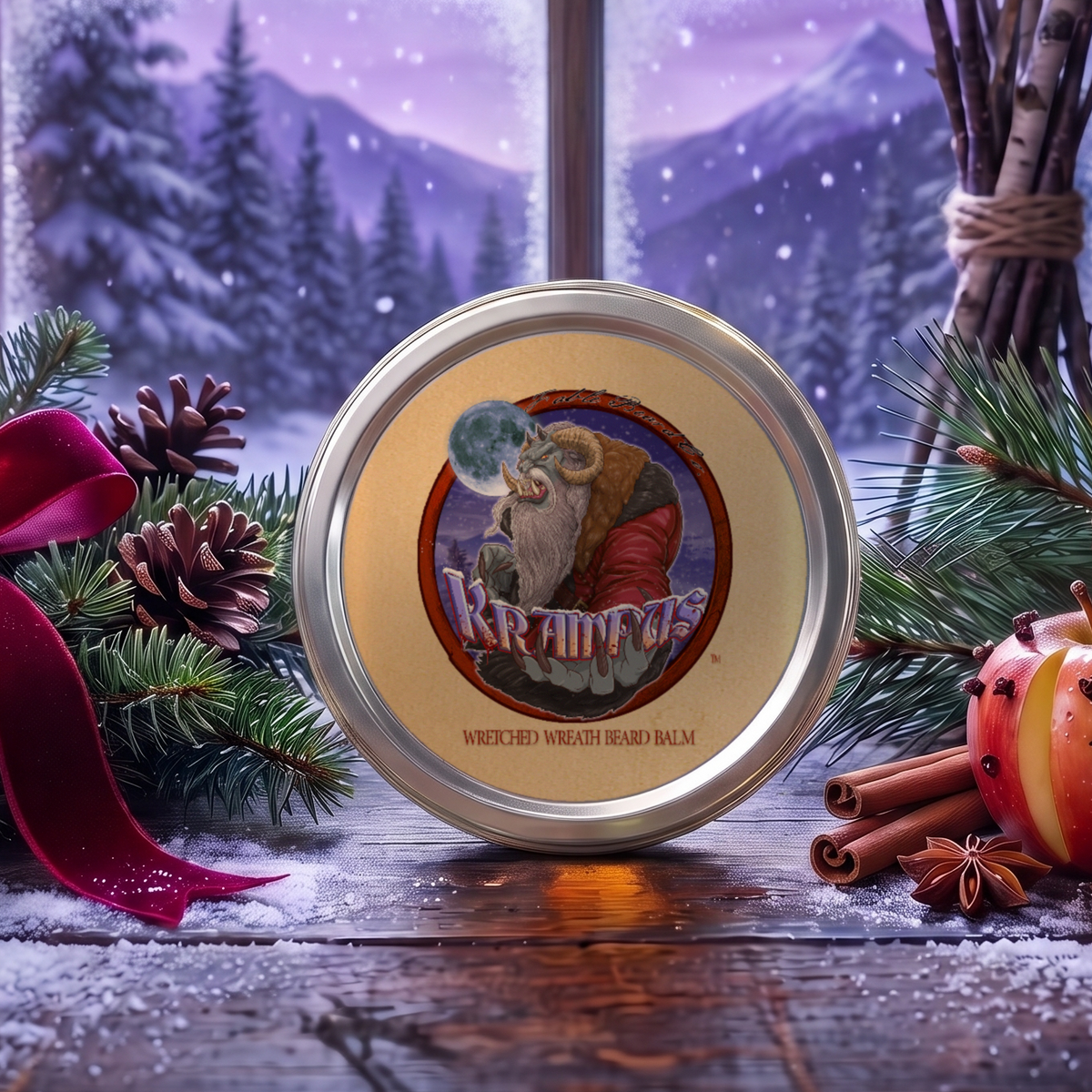Krampus Beard Balm 2 oz tin in Evergreen Wreath, Pine Boughs and Spiced Apples scent on a snowy windowsill with pine boughs, cinnamon sticks, a red ribbon and clove-studded apples under a moonlit winter sky, Fable Beard Co.