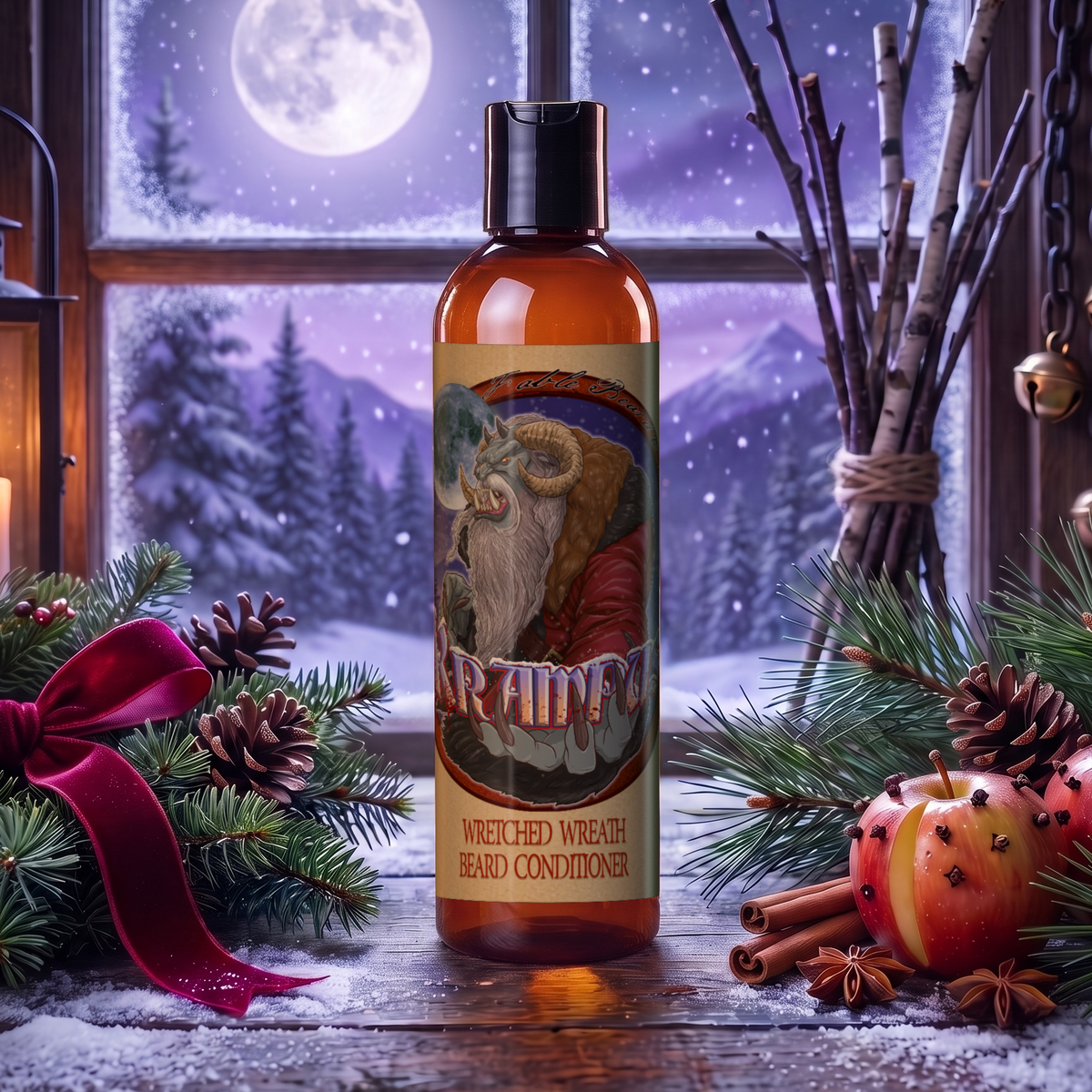 Krampus Beard Conditioner bottle in Evergreen Wreath, Pine Boughs and Spiced Apples scent on a snowy windowsill with pine boughs, cinnamon sticks, a red ribbon and clove-studded apples under a moonlit winter sky, Fable Beard Co.