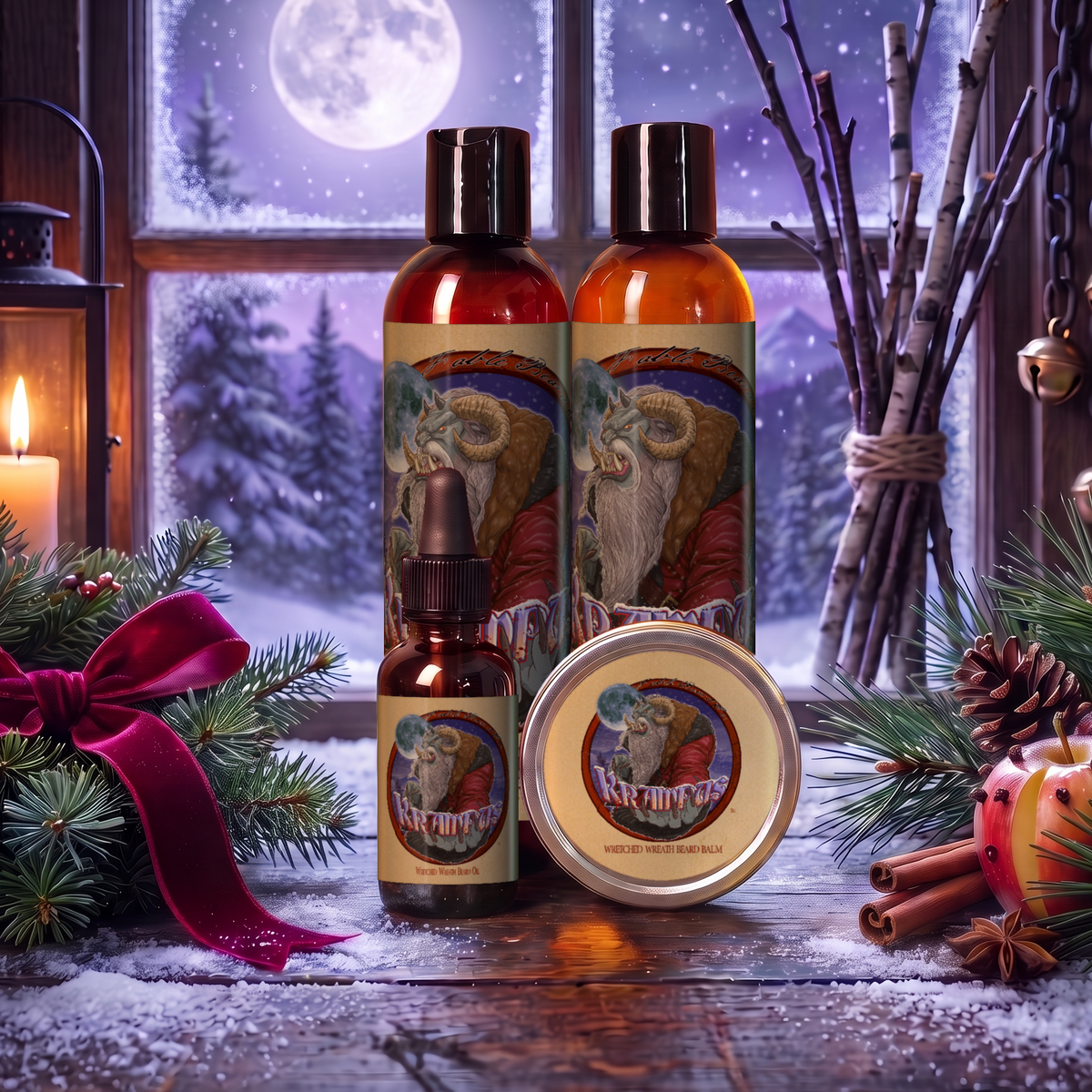 Krampus Complete Balm Kit with beard oil, balm, wash and conditioner in Evergreen Wreath, Pine Boughs and Spiced Apples scent on a snowy windowsill with pine boughs, cinnamon sticks, a red ribbon and clove-studded apples under a moonlit winter sky, Fable Beard Co.