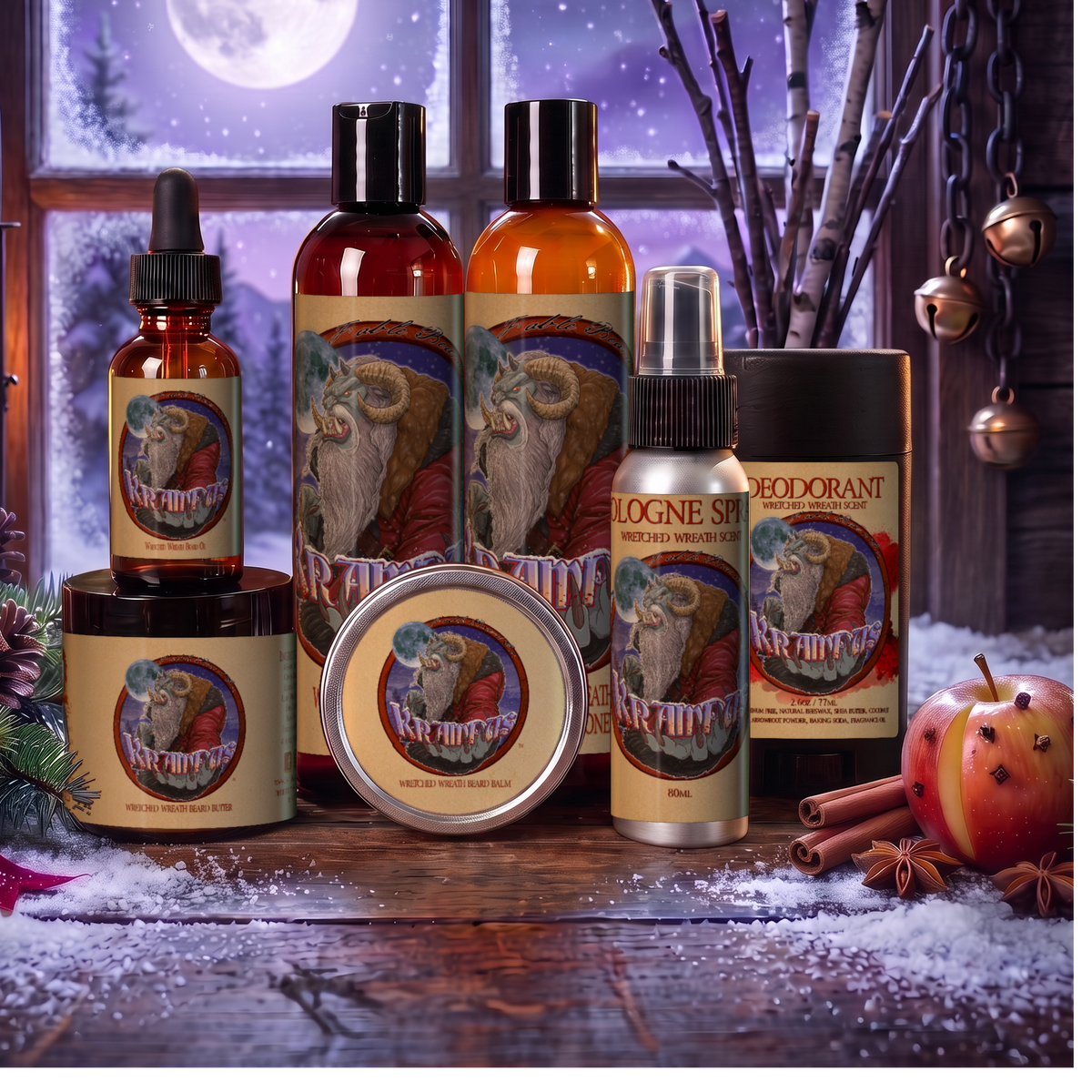 Krampus Ultimate Bundle with beard oil, balm, butter, wash, conditioner, deodorant and cologne in Evergreen Wreath, Pine Boughs and Spiced Apples scent on a snowy windowsill with pine boughs, cinnamon sticks, a red ribbon and clove-studded apples under a moonlit winter sky, Fable Beard Co.