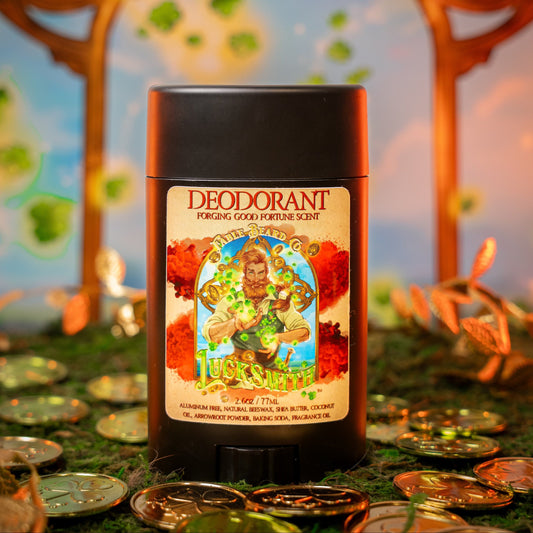 Deodorant container with a fantasy-themed label on a mystical background with coins and trees.