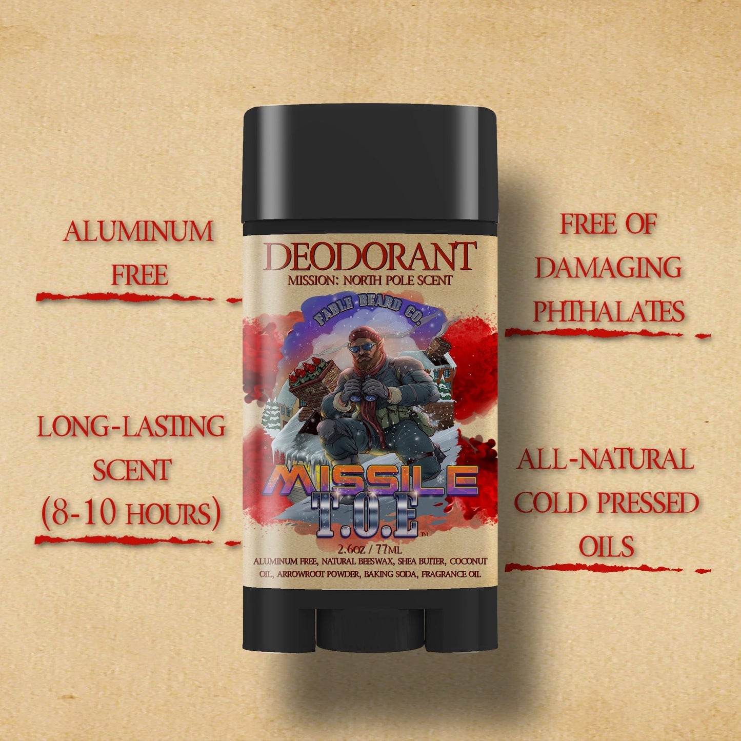 Missile Toe - Deodorant - Red Holly Berries, Crisp Pinecones, Blackberry Puree