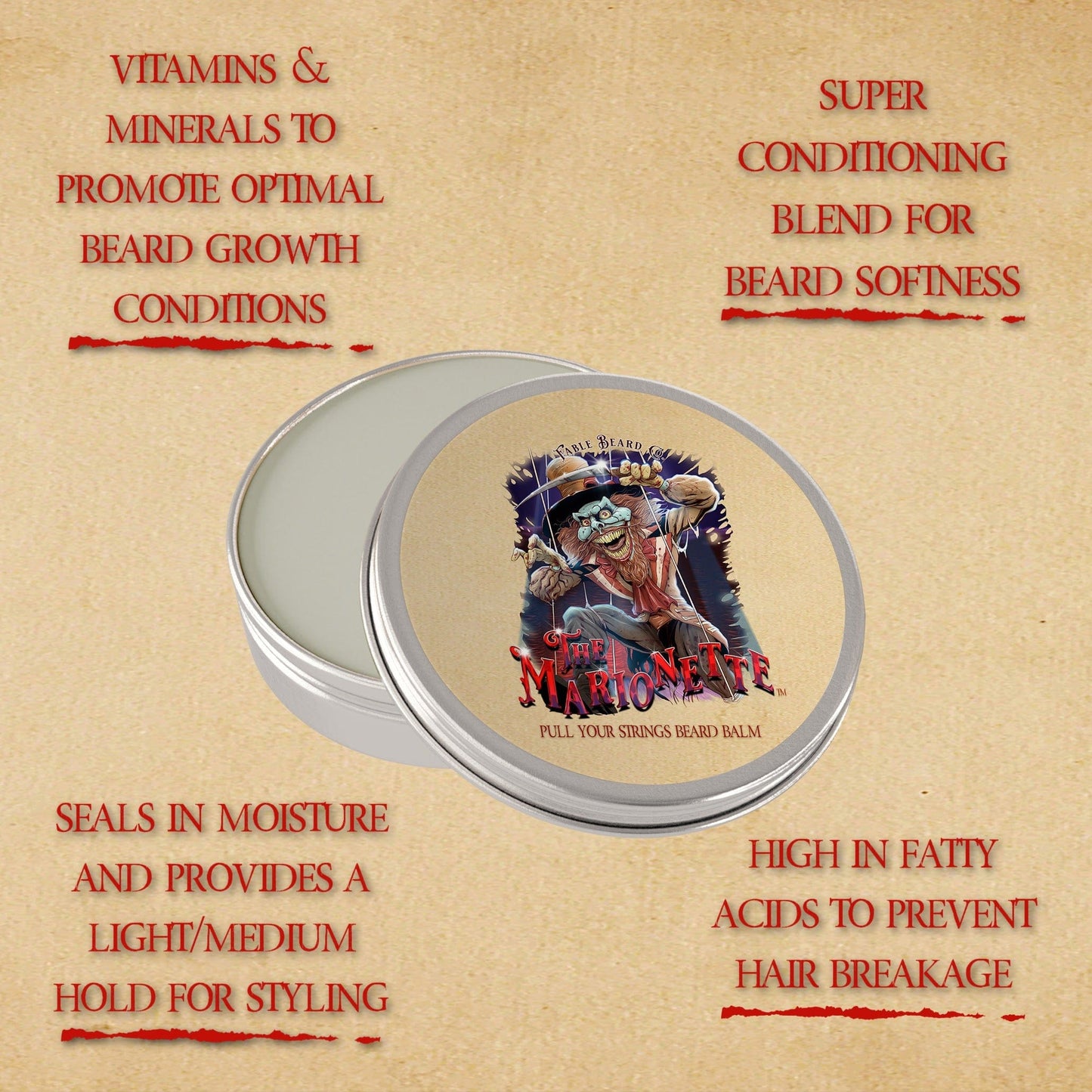 The Marionette - Beard Balm - Warm Mulled Cider, Splintered Mahogany, Velvet Pipe Smoke