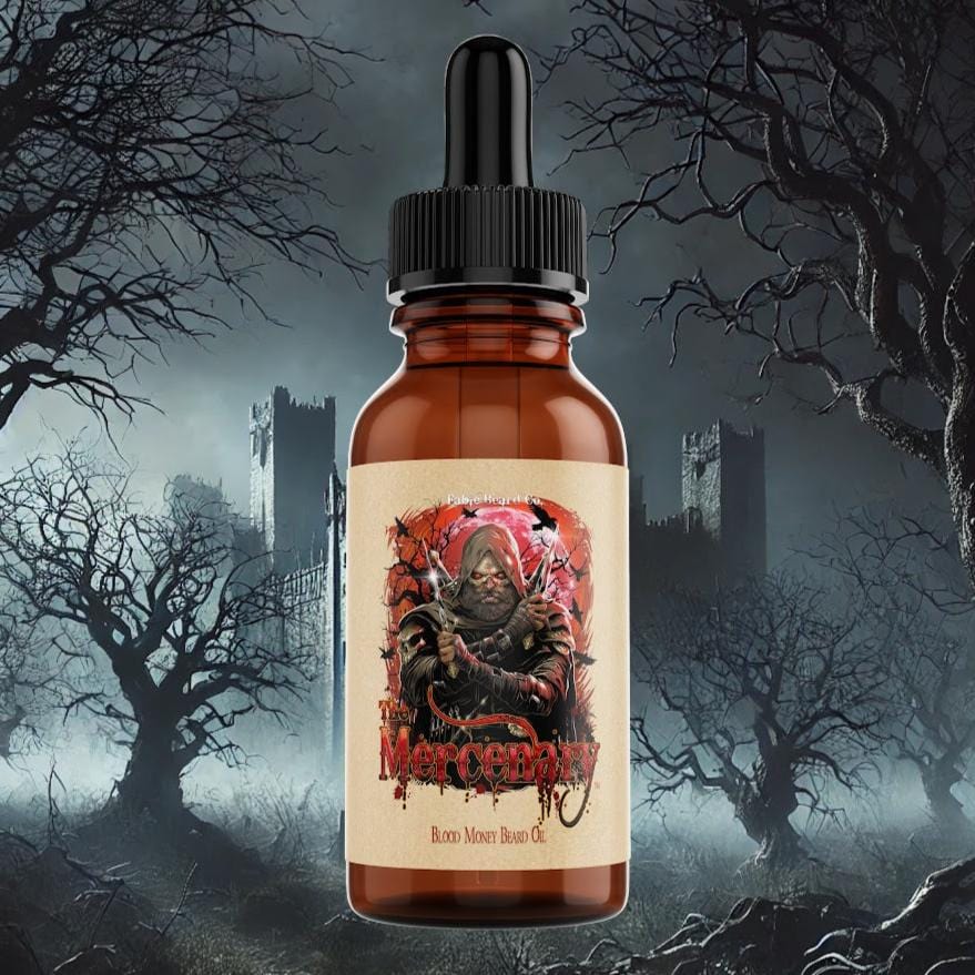 The Mercenary - Beard Oil - Fiery Leather Woods, Blood Money Sage, Seductive Amber, Stealthy Sandalwood