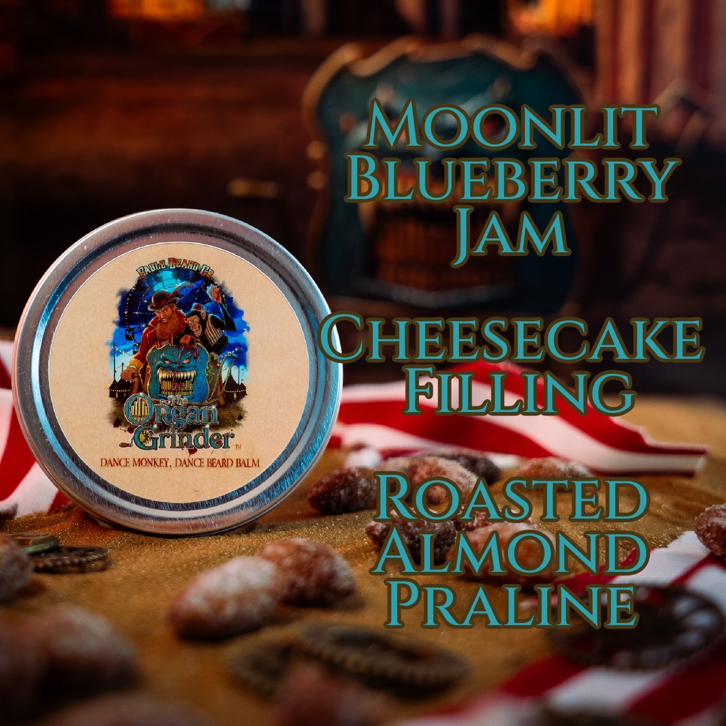 Organ Grinder - Beard Balm - Moonlit Blueberry Jam, Cheesecake Filling, Roasted Almond Praline