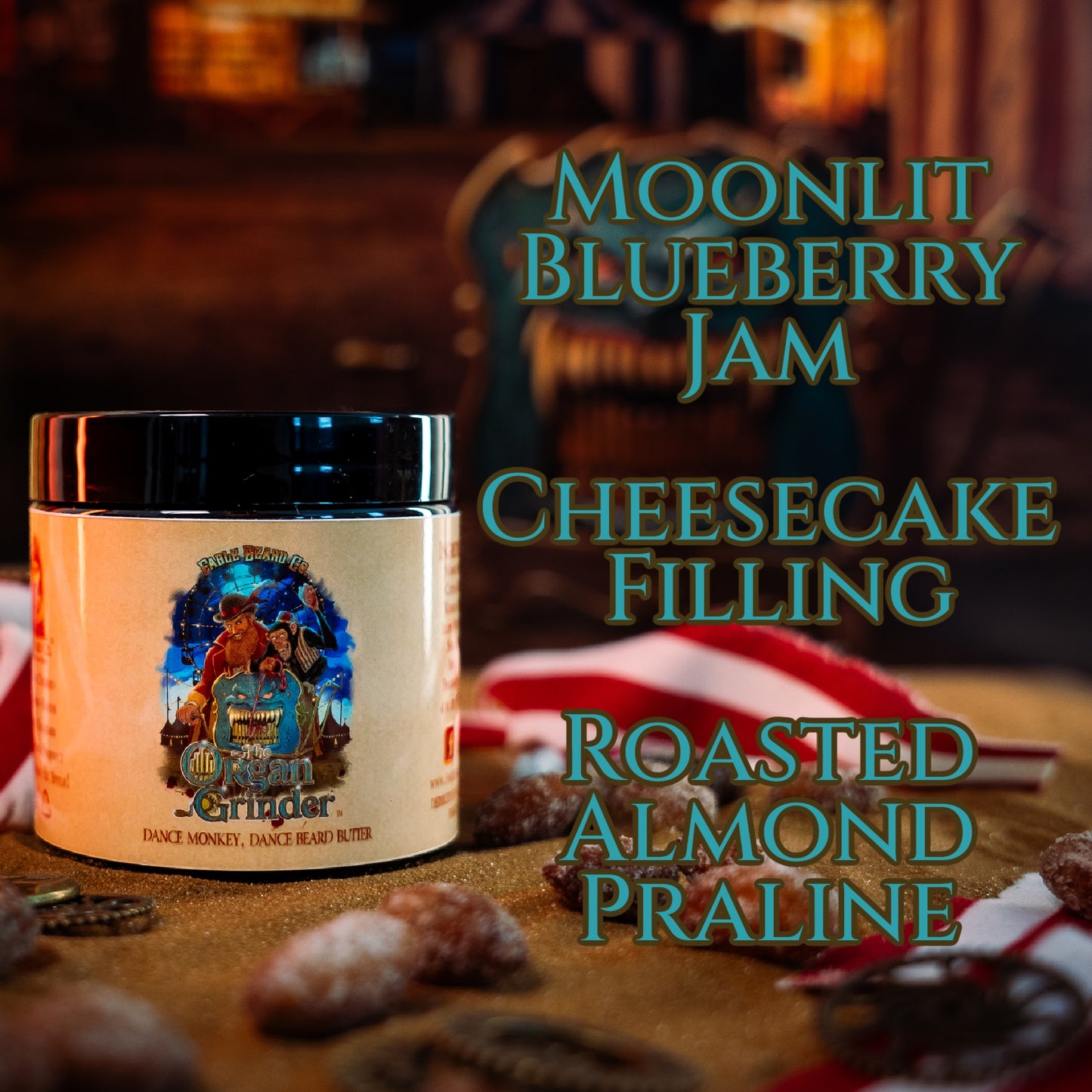 Organ Grinder - Beard Butter - Moonlit Blueberry Jam, Cheesecake Filling, Roasted Almond Praline