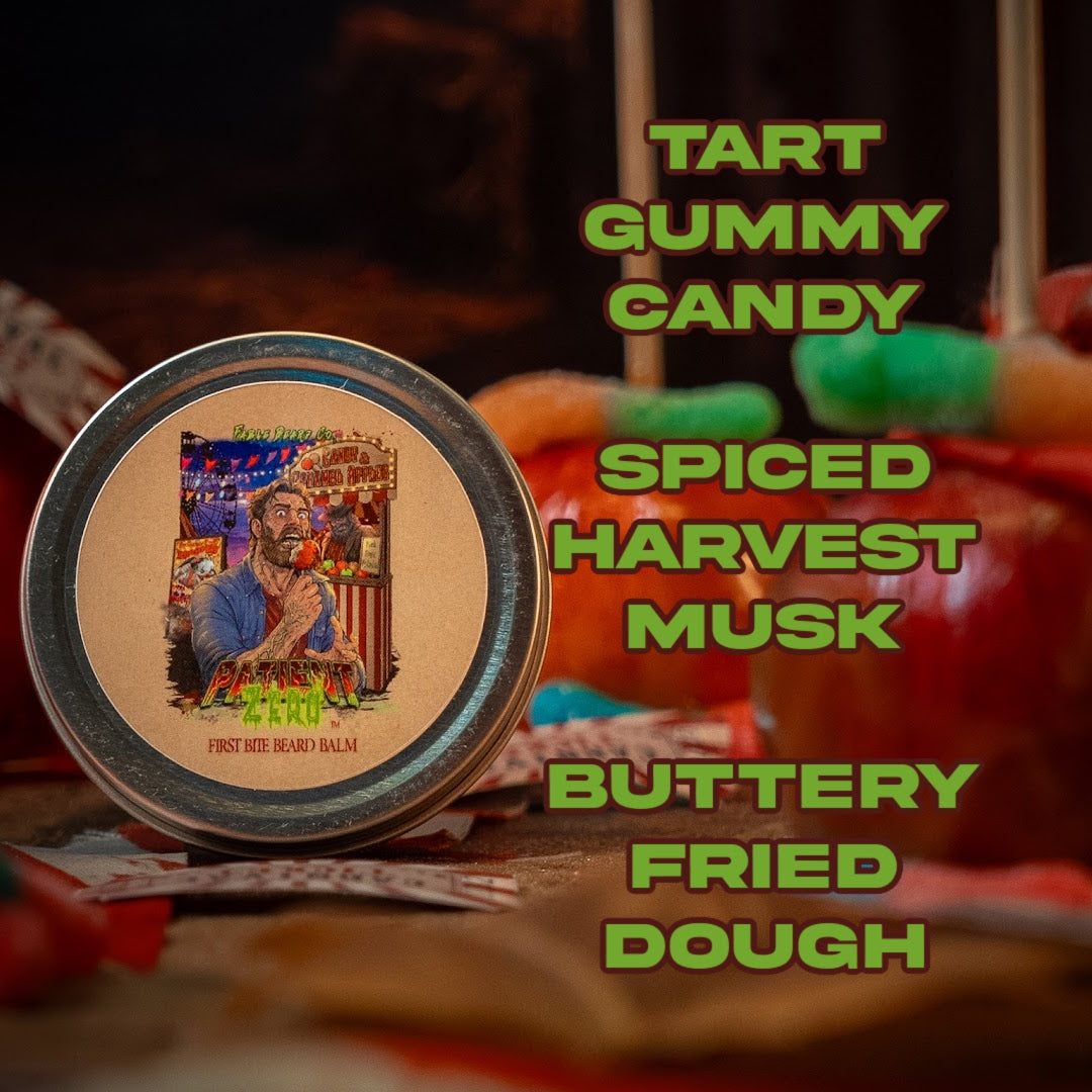 Patient Zero - Beard Balm - Tart Gummy Candy, Spiced Harvest Musk, Buttery Fried Dough