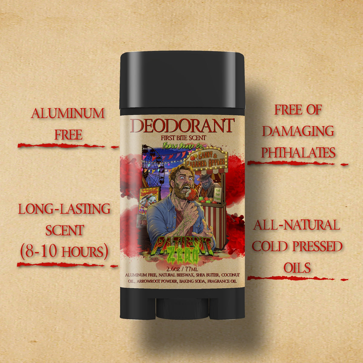 Patient Zero - Deodorant - Tart Gummy Candy, Spiced Harvest Musk, Buttery Fried Dough
