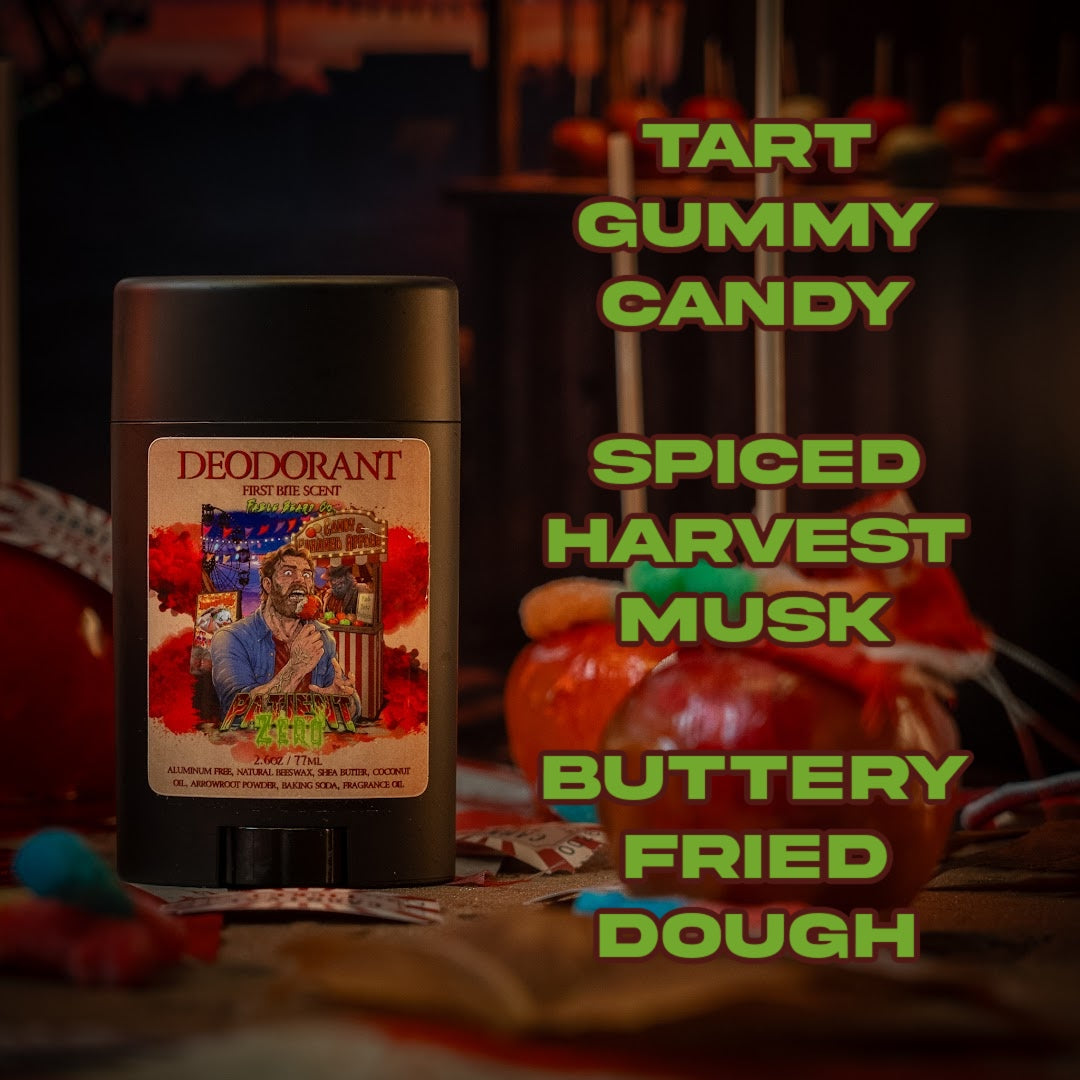 Patient Zero - Deodorant - Tart Gummy Candy, Spiced Harvest Musk, Buttery Fried Dough