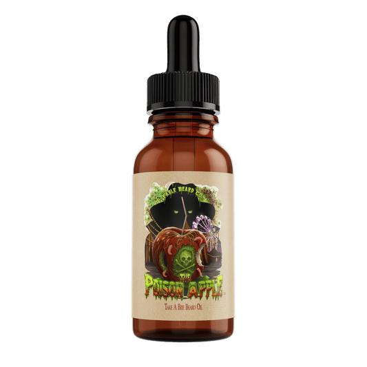The Poison Apple beard oil in Fatal Apple Bite, Dark Mahogany Woods, Cloaked Tobacco and Citrus scent by Fable Beard Co.