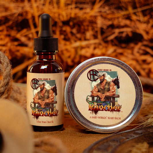 The Rancher - Beard Oil & Balm Kit - Fresh Cut Cedar, Green Pastures, Leather Boots