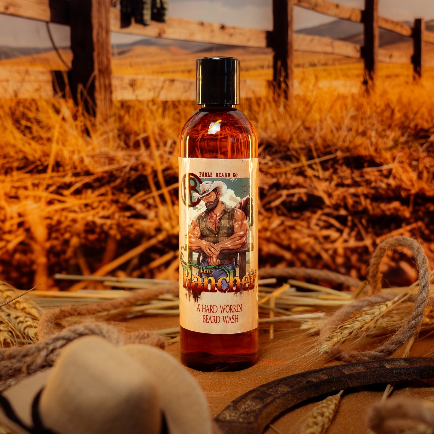 The Rancher - Beard Wash - Fresh Cut Cedar, Green Pastures, Leather Boots