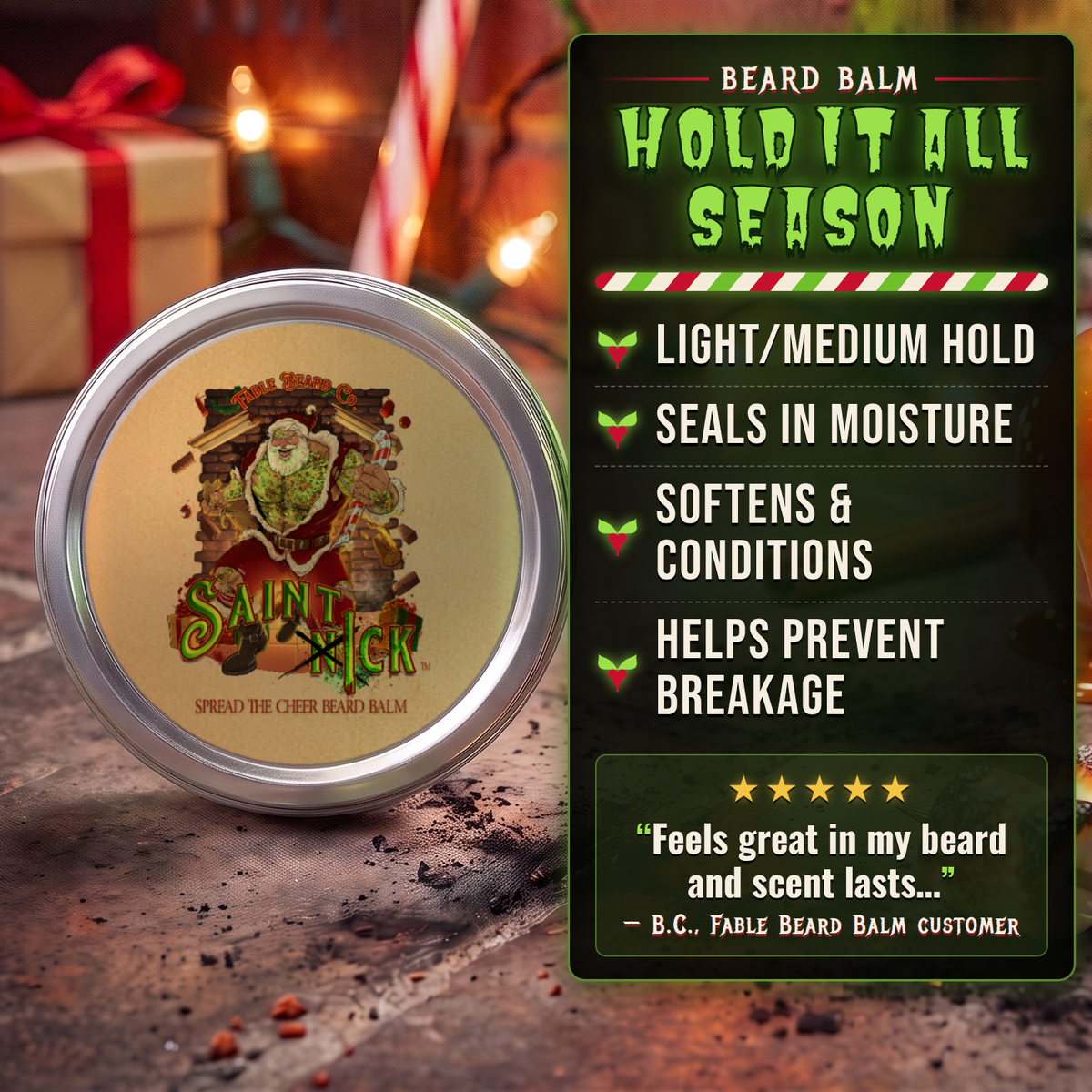 Saint Ick Beard Balm benefits infographic highlighting results and key ingredients, Fable Beard Co.