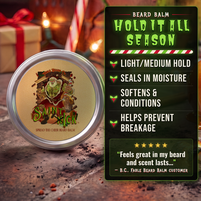 Saint Ick Beard Balm benefits infographic highlighting results and key ingredients, Fable Beard Co.