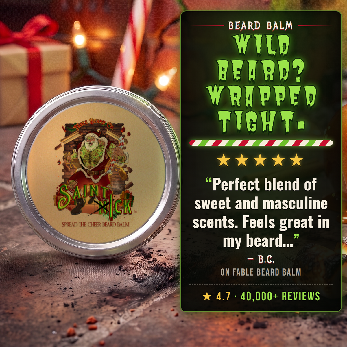 Saint Ick Beard Balm 5-star customer review card, Fable Beard Co.
