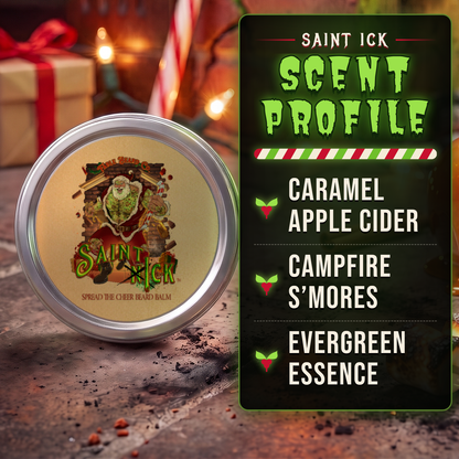 Saint Ick Beard Balm scent profile card: Caramel Apple Cider, Campfire S'mores and Evergreen Essence notes, Fable Beard Co.