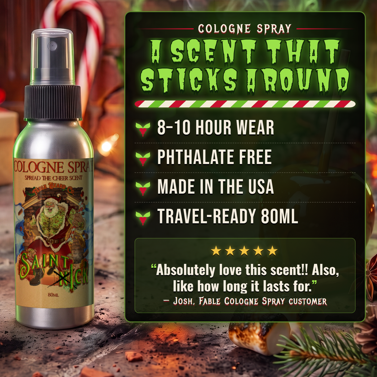 Saint Ick Cologne benefits infographic highlighting results and key ingredients, Fable Beard Co.