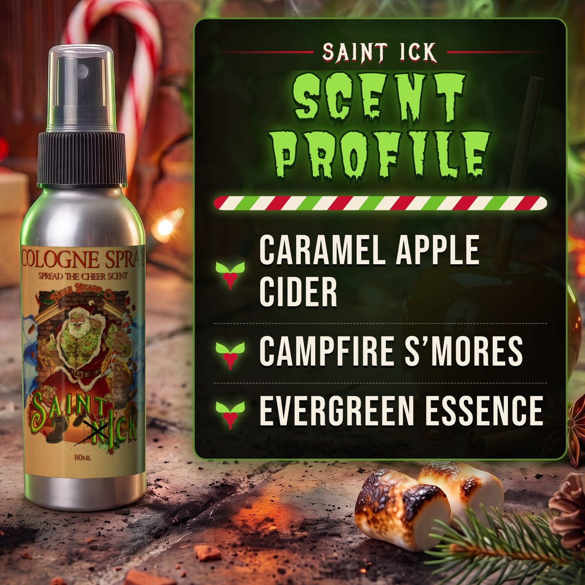 Saint Ick Cologne scent profile card: Caramel Apple Cider, Campfire S'mores and Evergreen Essence notes, Fable Beard Co.
