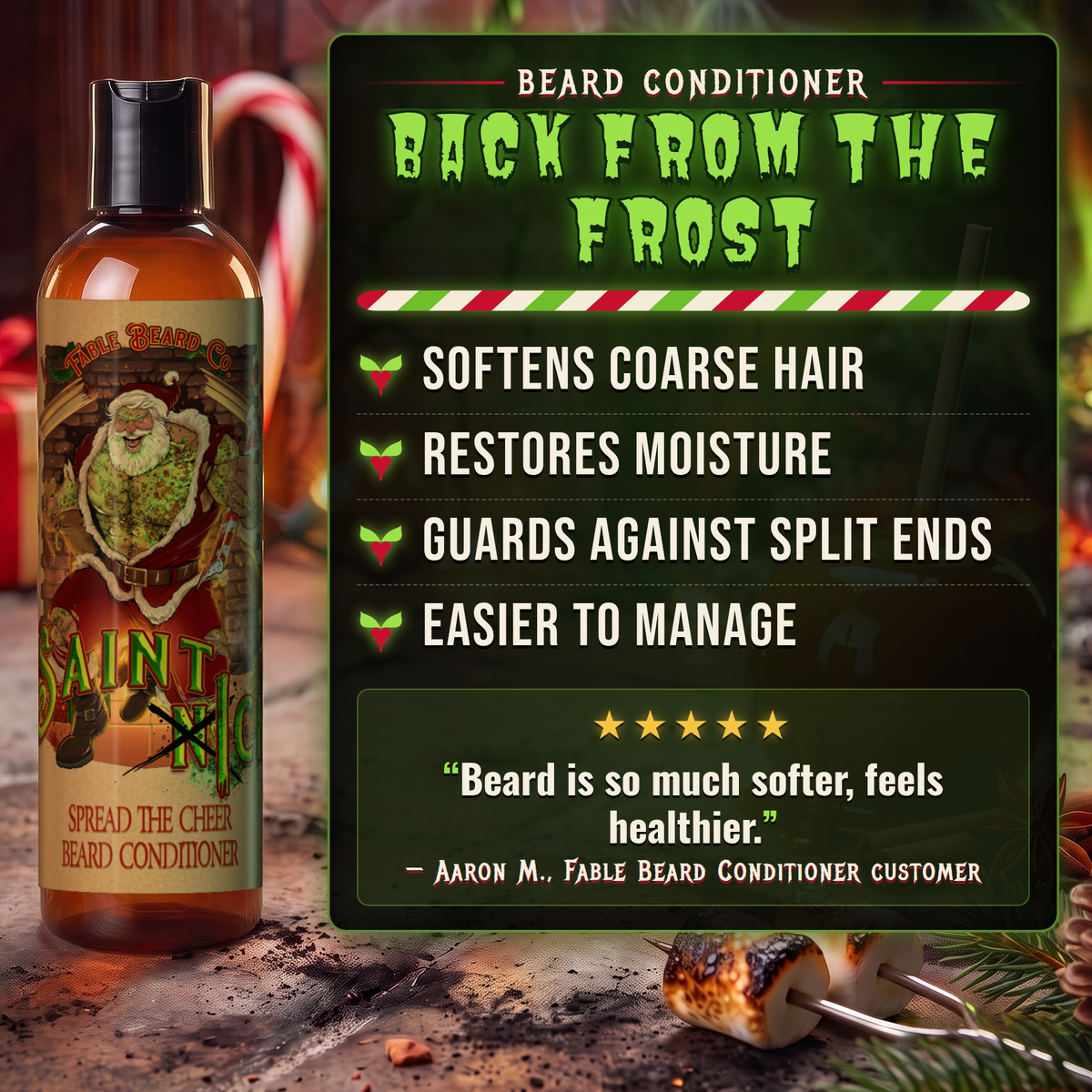 Saint Ick Beard Conditioner benefits infographic highlighting results and key ingredients, Fable Beard Co.