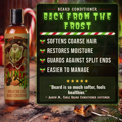 Saint Ick Beard Conditioner benefits infographic highlighting results and key ingredients, Fable Beard Co.