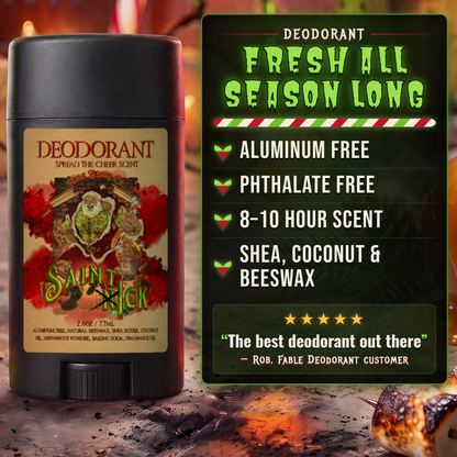 Saint Ick Natural Deodorant benefits infographic highlighting results and key ingredients, Fable Beard Co.
