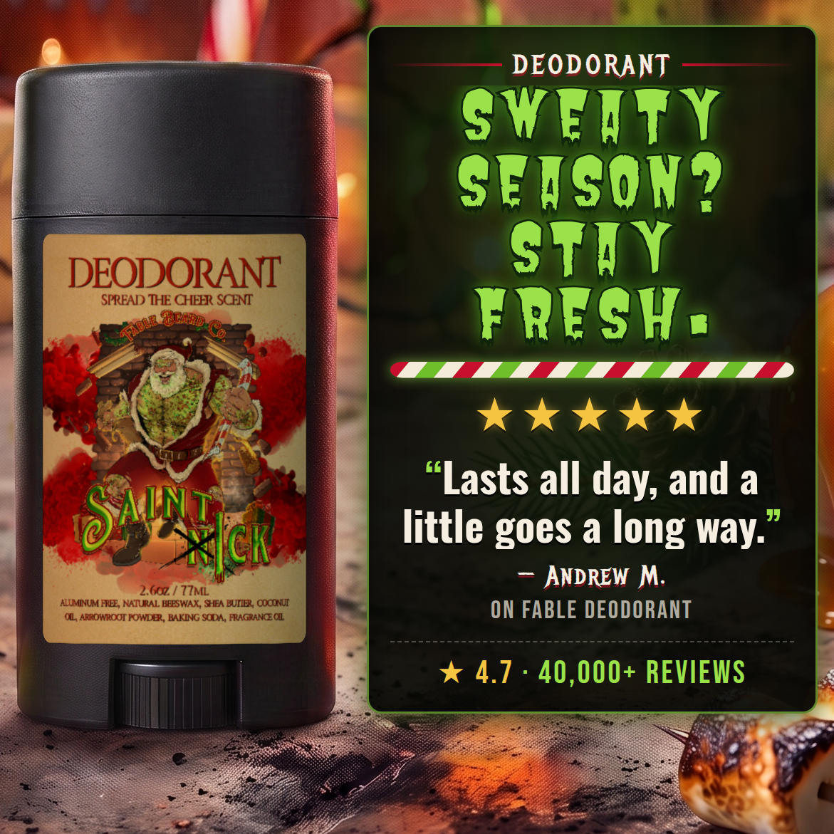 Saint Ick Natural Deodorant 5-star customer review card, Fable Beard Co.
