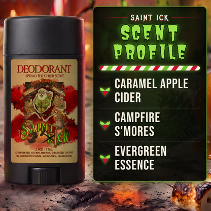 Saint Ick Natural Deodorant scent profile card: Caramel Apple Cider, Campfire S'mores and Evergreen Essence notes, Fable Beard Co.