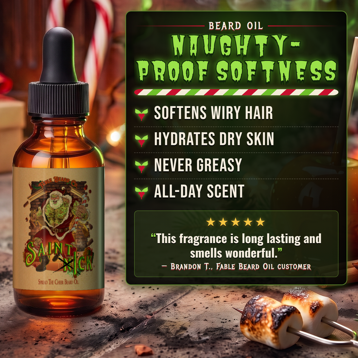 Saint Ick Beard Oil benefits infographic highlighting results and key ingredients, Fable Beard Co.