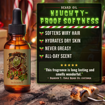 Saint Ick Beard Oil benefits infographic highlighting results and key ingredients, Fable Beard Co.