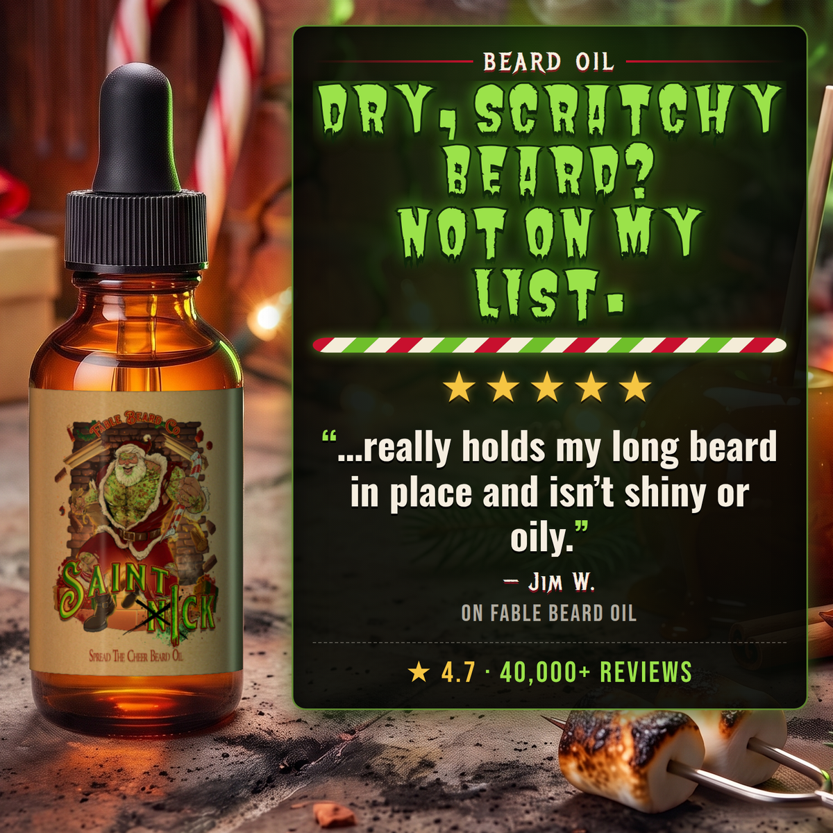 Saint Ick Beard Oil 5-star customer review card, Fable Beard Co.