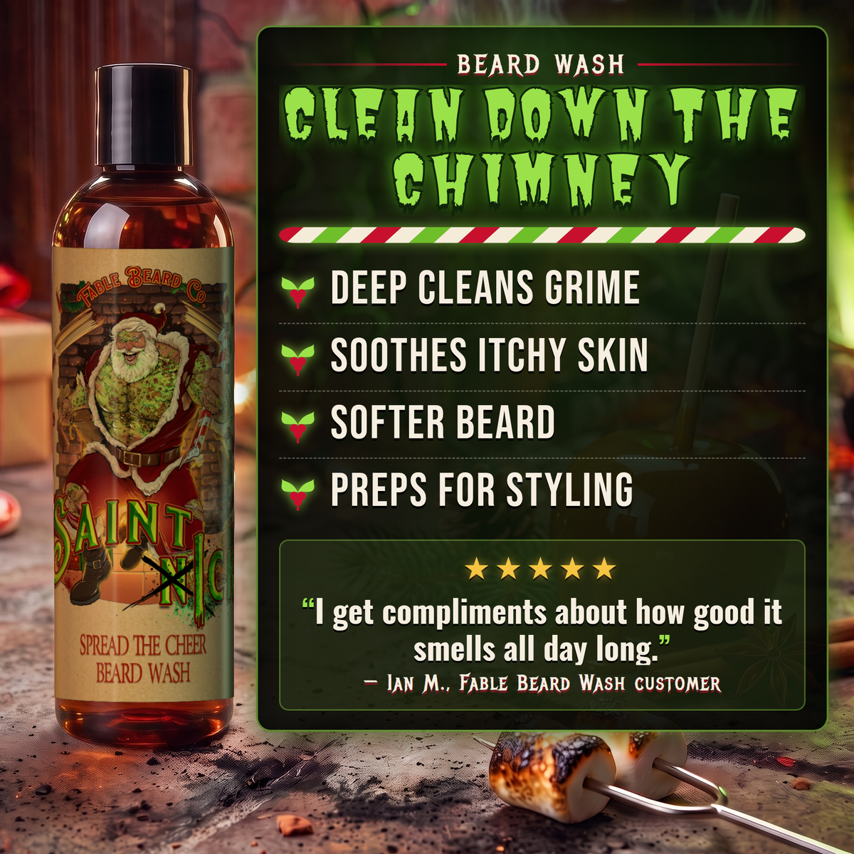 Saint Ick Beard Wash benefits infographic highlighting results and key ingredients, Fable Beard Co.