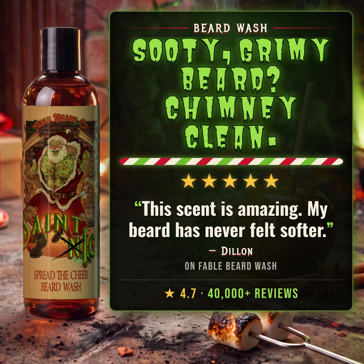 Saint Ick Beard Wash 5-star customer review card, Fable Beard Co.
