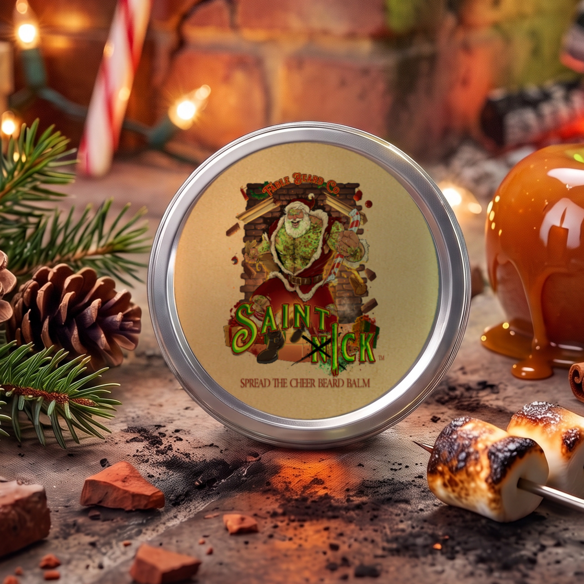 Saint Ick Beard Balm 2 oz tin in Caramel Apple Cider, Campfire S'mores and Evergreen Essence scent beside a caramel apple, pine cones and toasted s'mores, Fable Beard Co.