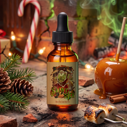 Saint Ick Beard Oil 1 oz dropper bottle in Caramel Apple Cider, Campfire S'mores and Evergreen Essence scent beside a caramel apple, pine cones and toasted s'mores, Fable Beard Co.