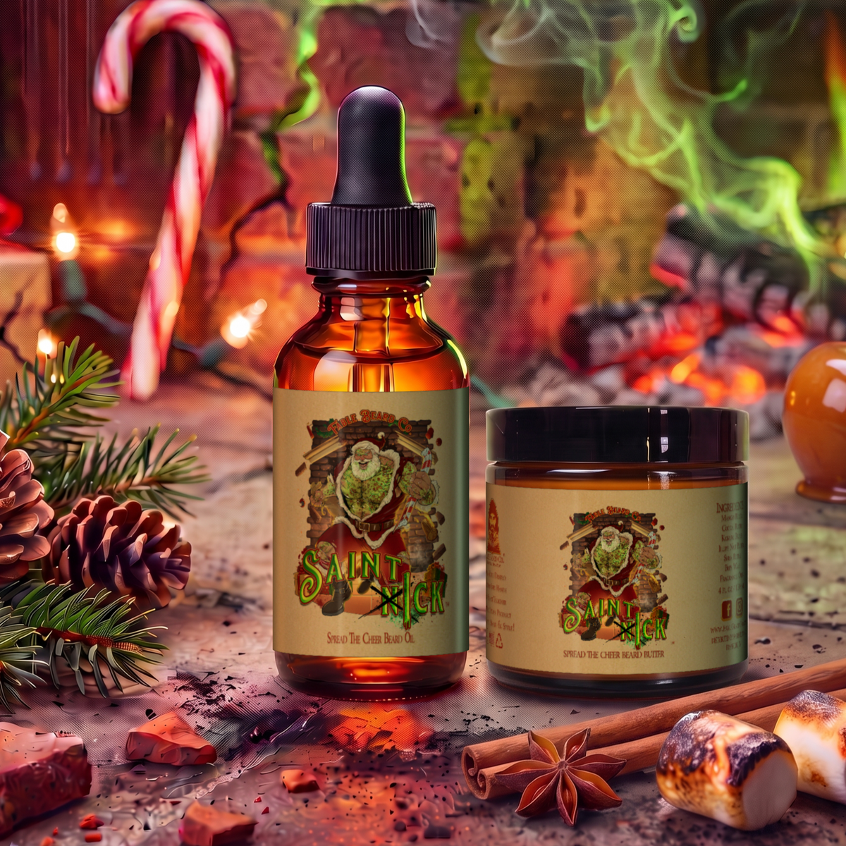 Saint Ick Beard Oil & Butter Kit with 1 oz oil and 4 oz butter in Caramel Apple Cider, Campfire S'mores and Evergreen Essence scent beside a caramel apple, pine cones and toasted s'mores, Fable Beard Co.