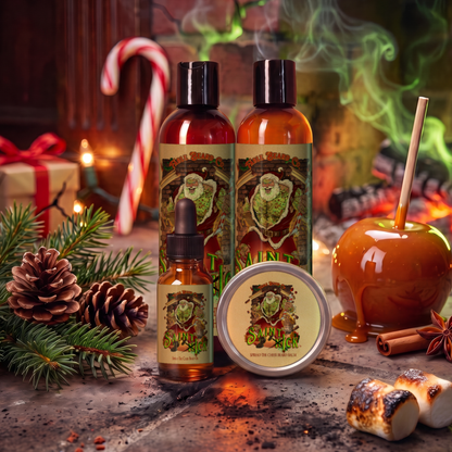 Saint Ick Complete Balm Kit with beard oil, balm, wash and conditioner in Caramel Apple Cider, Campfire S'mores and Evergreen Essence scent beside a caramel apple, pine cones and toasted s'mores, Fable Beard Co.