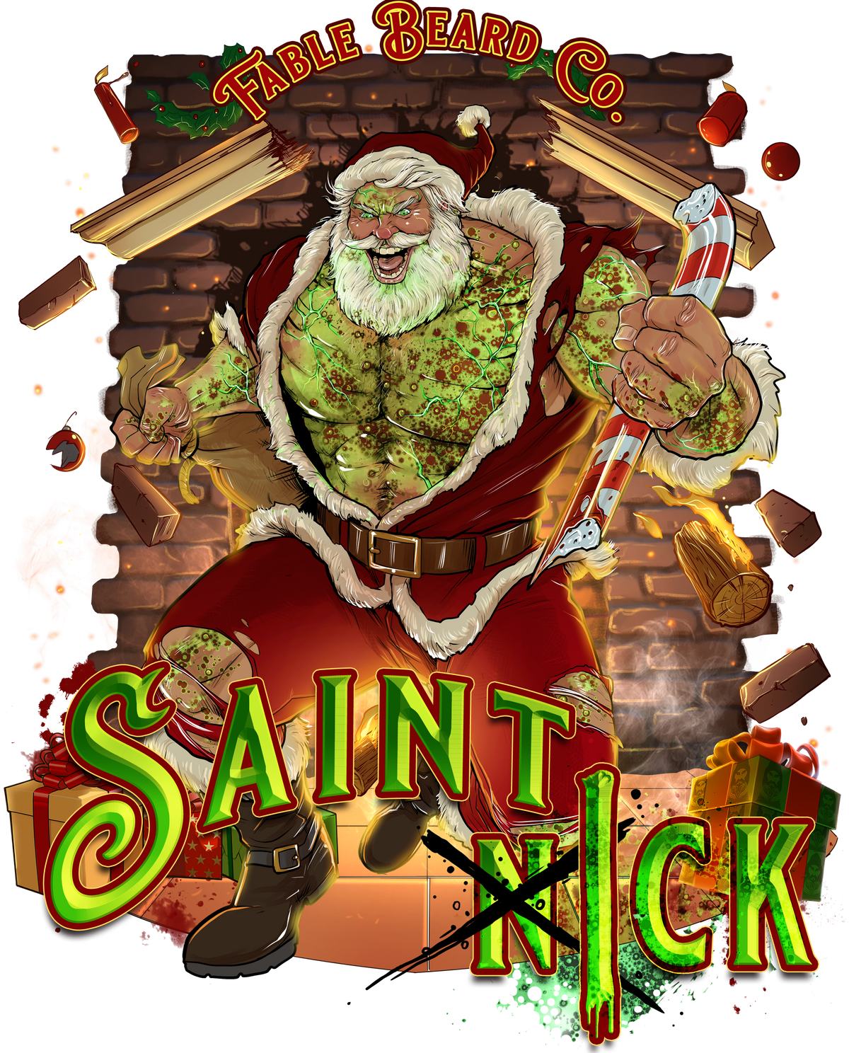 Saint Ick character art – an infected, decaying Christmas icon in a tattered red suit, Fable Beard Co.