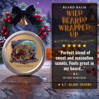 Sant-O-Lantern Beard Balm 5-star customer review card, Fable Beard Co.