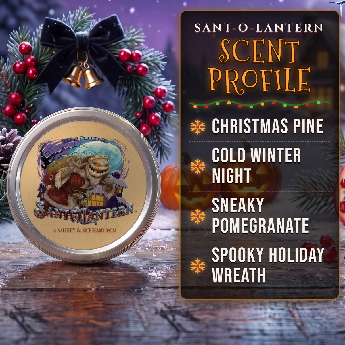 Sant-O-Lantern Beard Balm scent profile card: Christmas Pine, Cold Winter Night, Sneaky Pomegranate and Spooky Holiday Wreath notes, Fable Beard Co.