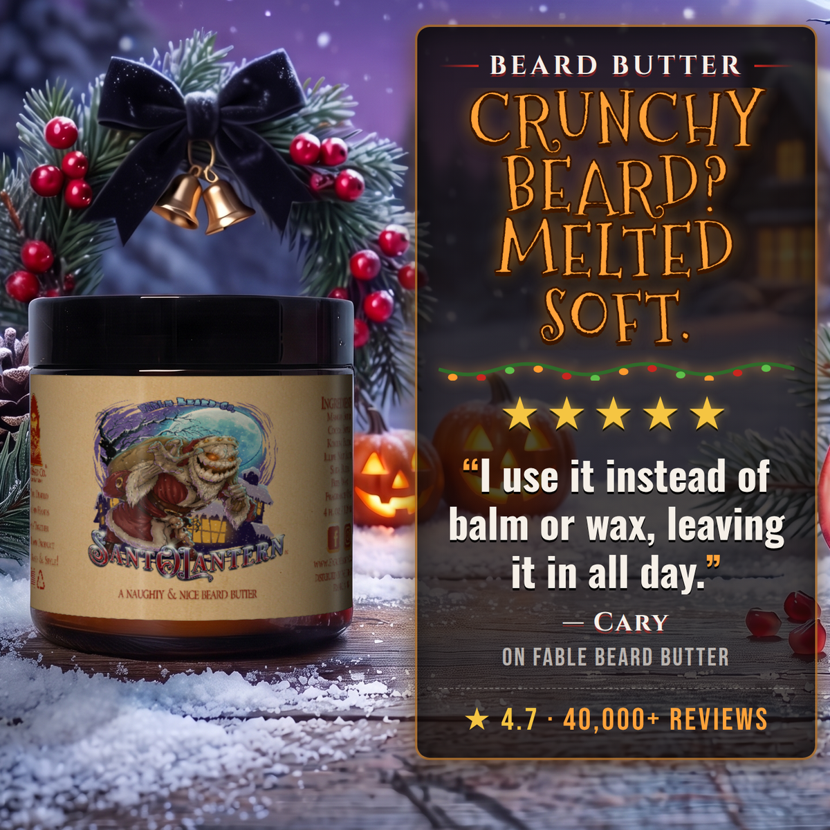 Sant-O-Lantern Beard Butter 5-star customer review card, Fable Beard Co.