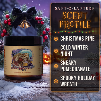 Sant-O-Lantern Beard Butter scent profile card: Christmas Pine, Cold Winter Night, Sneaky Pomegranate and Spooky Holiday Wreath notes, Fable Beard Co.