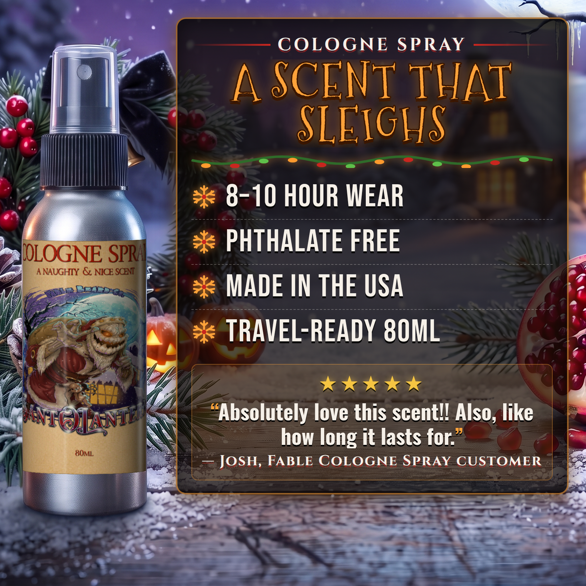Sant-O-Lantern Cologne benefits infographic, Fable Beard Co.