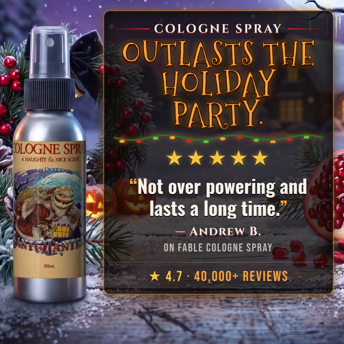 Sant-O-Lantern Cologne 5-star customer review card, Fable Beard Co.