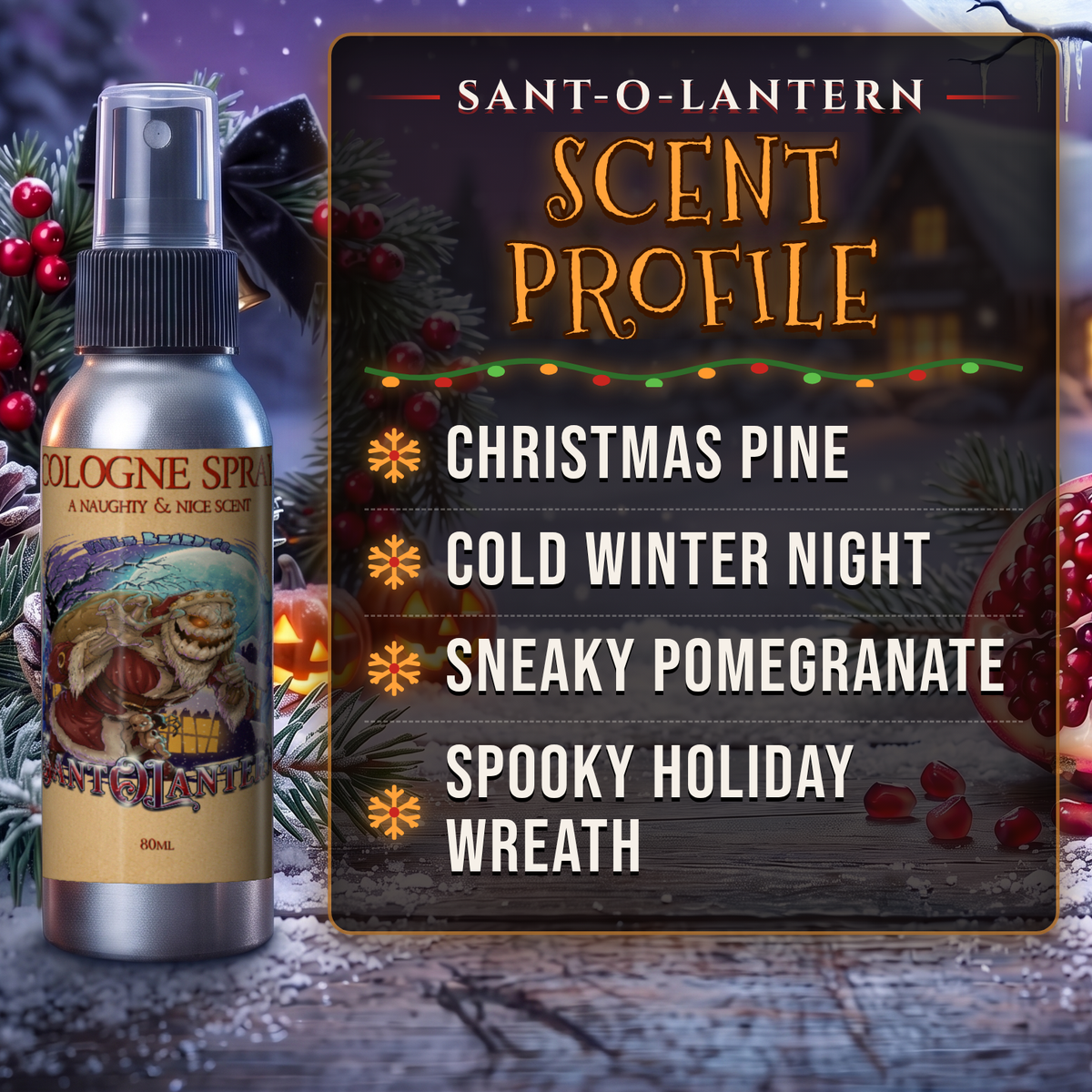 Sant-O-Lantern Cologne scent profile card: Christmas Pine, Cold Winter Night, Sneaky Pomegranate and Spooky Holiday Wreath notes, Fable Beard Co.