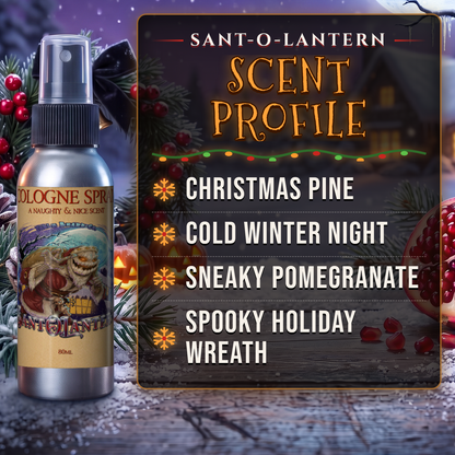 Sant-O-Lantern Cologne scent profile card: Christmas Pine, Cold Winter Night, Sneaky Pomegranate and Spooky Holiday Wreath notes, Fable Beard Co.