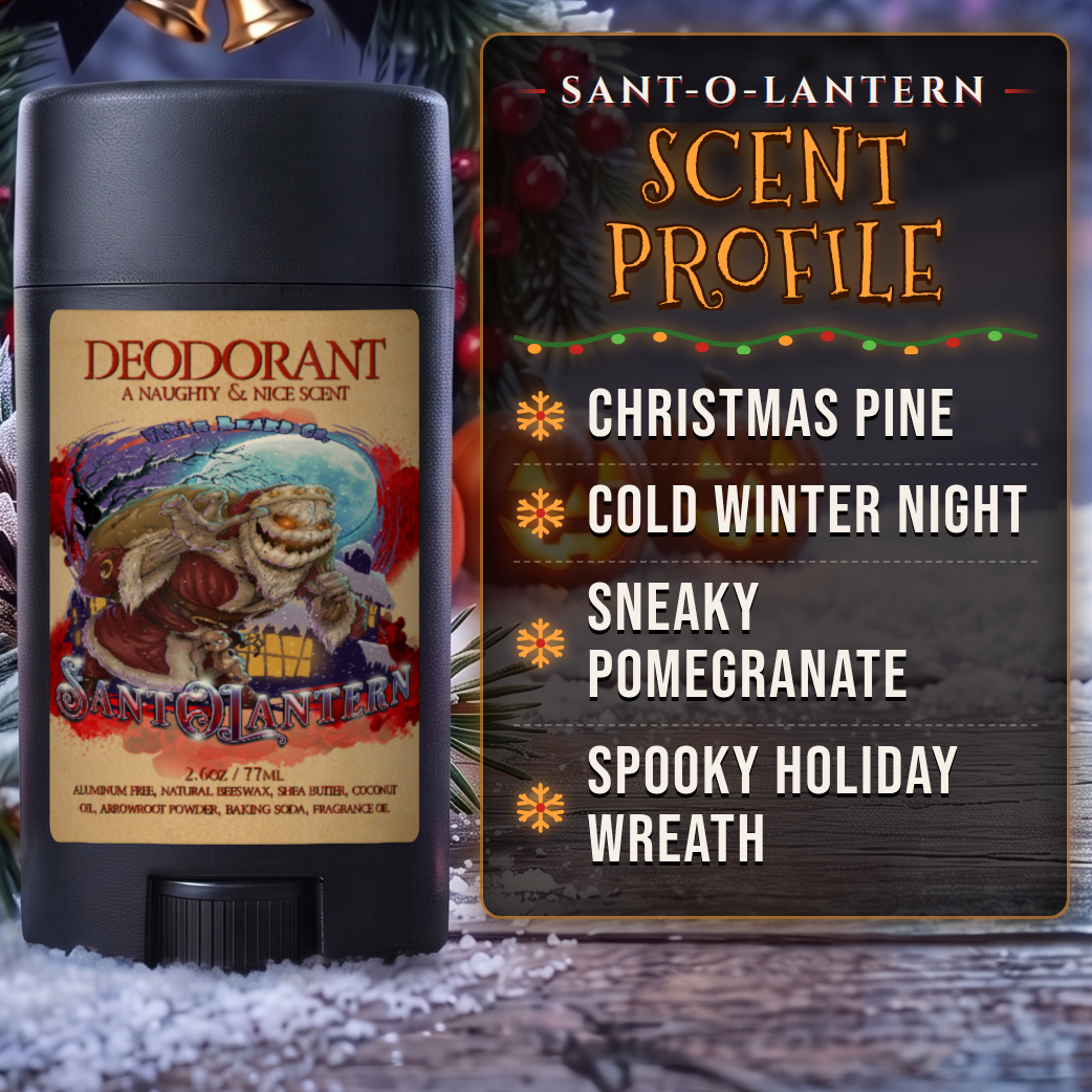Sant-O-Lantern Deodorant scent profile card: Christmas Pine, Cold Winter Night, Sneaky Pomegranate and Spooky Holiday Wreath notes, Fable Beard Co.