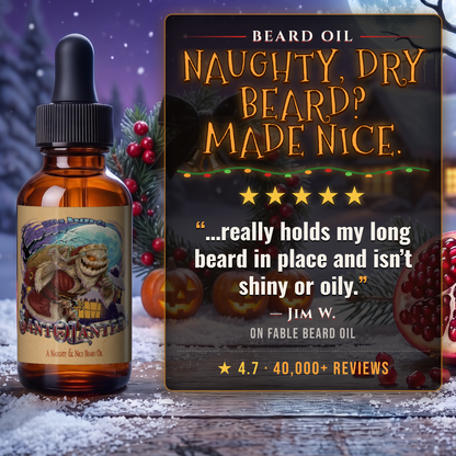 Sant-O-Lantern Beard Oil 5-star customer review card, Fable Beard Co.