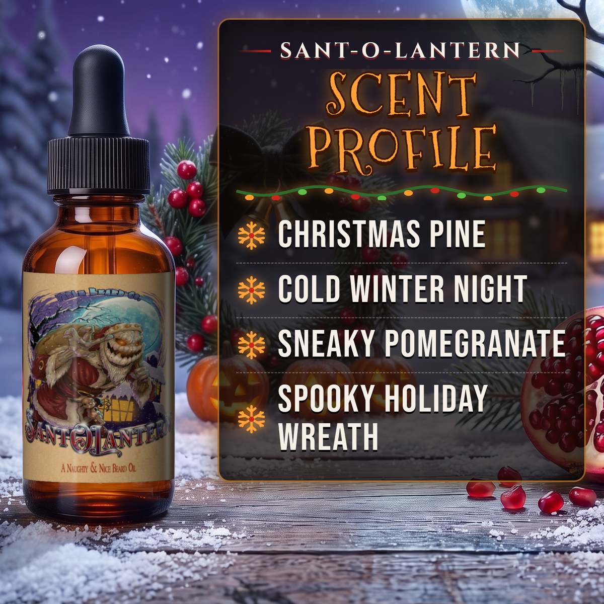 Sant-O-Lantern Beard Oil scent profile card: Christmas Pine, Cold Winter Night, Sneaky Pomegranate and Spooky Holiday Wreath notes, Fable Beard Co.