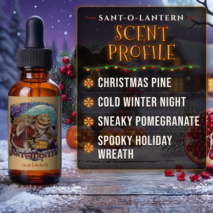 Sant-O-Lantern Beard Oil scent profile card: Christmas Pine, Cold Winter Night, Sneaky Pomegranate and Spooky Holiday Wreath notes, Fable Beard Co.